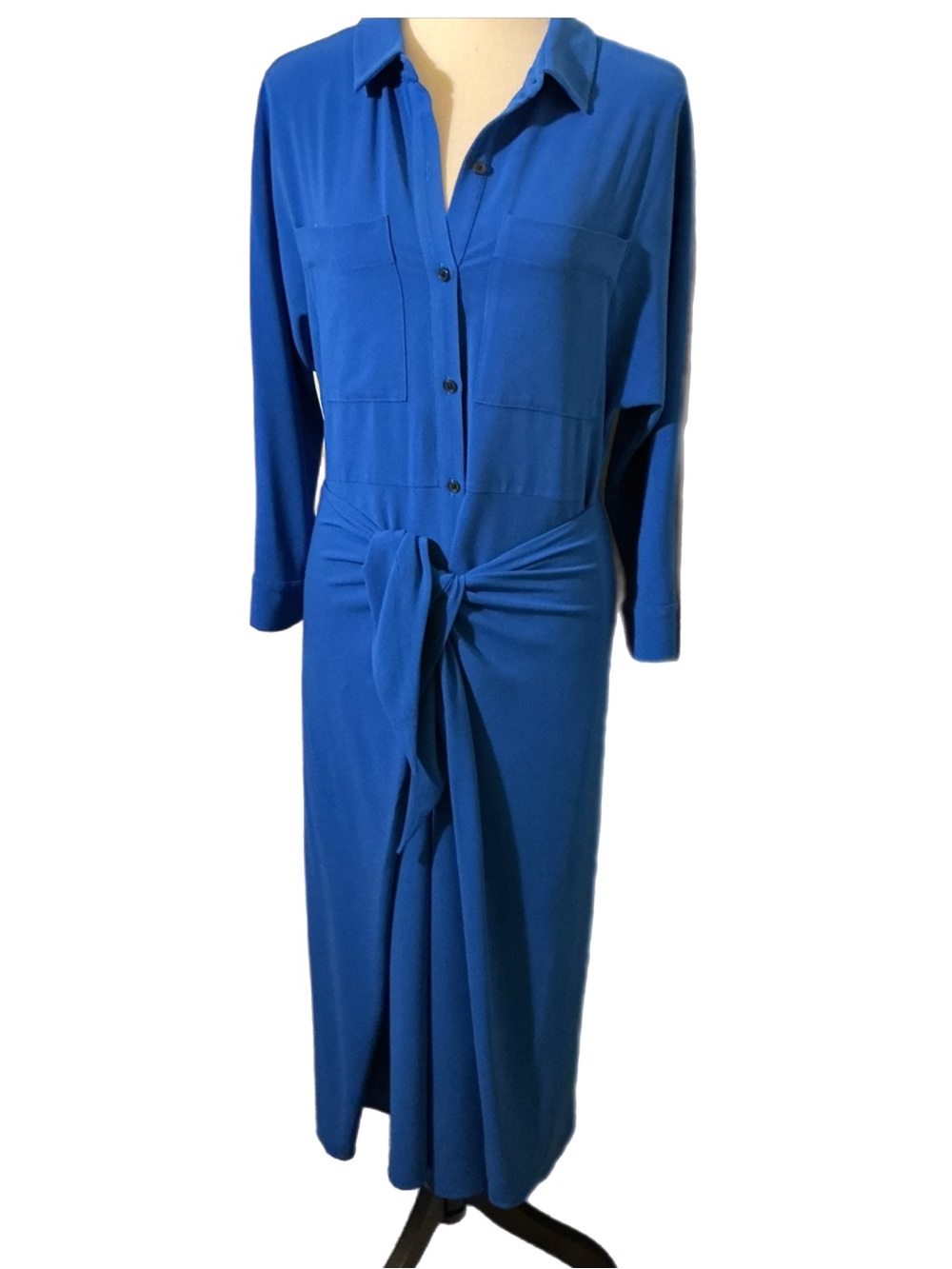 Donna Morgan Blue Shirt Dress Long Sleeve Button Front Tie Waist Midi